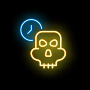 Neon skull showing time passing with clock above Illustrazione stock
