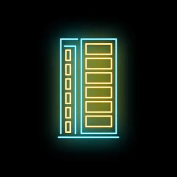 Neon skyscraper glowing building icon on dark background Иллюстрация