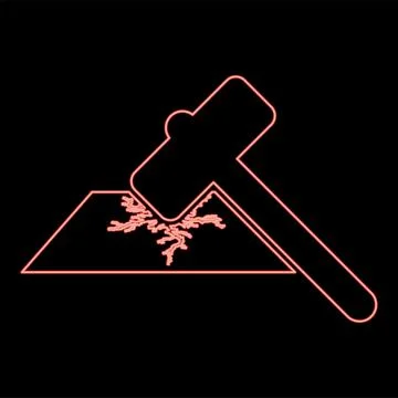 Neon sledge hammer breaks hard surface with formation of strong cracks icon.. Stock Illustration