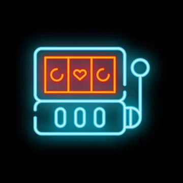 Neon slot machine displaying three sevens jackpot on dark background Stock Illustration