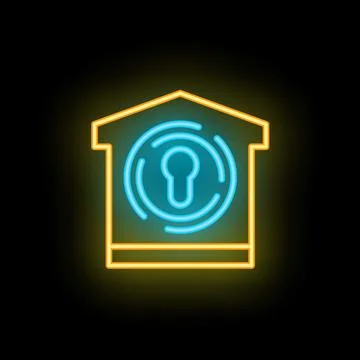Neon smart home security system icon glowing on dark background Ilustración de archivo