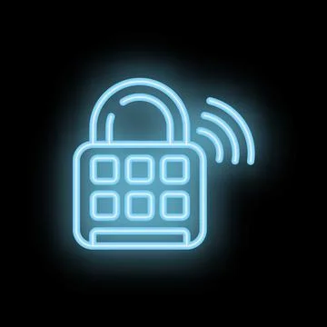 Neon smart lock sending wireless signal on black background Stock Illustration
