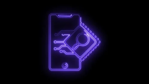 Neon smartphone with cpu and magnifying glass glowing on a black background Stock Footage 315963909