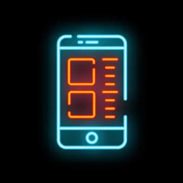 Neon smartphone displaying mobile application interface on dark background Stockillustratie