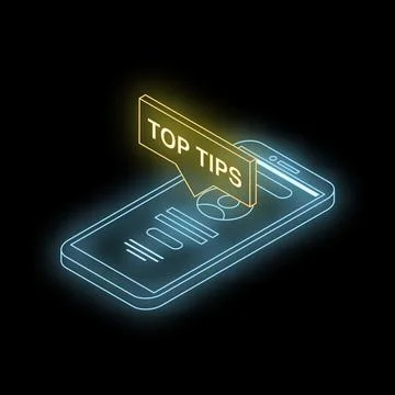 Neon smartphone displaying top tips for online success Stock Illustration