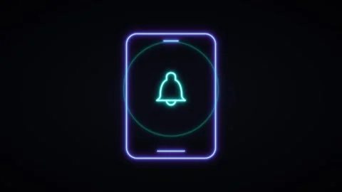 Neon smartphone notification bell icon pulsing alert animation on dark back.. 库存影片 344861792