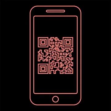 Neon smartphone with QR code on screen red color vector illustration image .. Stock Illustration