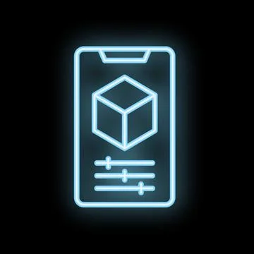 Neon smartphone showing augmented reality app with cubic shape and settings.. Illustrazione stock
