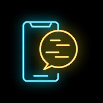 Neon smartphone showing chat bubble with text message icon Stock Illustration