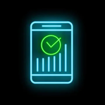 Neon smartphone showing check mark over increasing bar graph Ilustração Stock