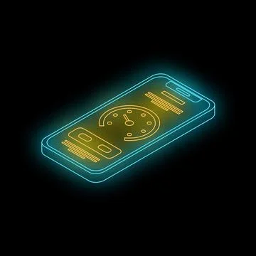 Neon smartphone showing clock app in dark background Stock Illustration