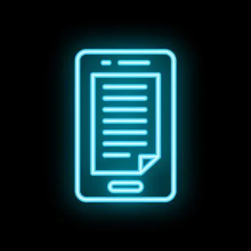 Neon smartphone showing electronic document icon on black background Stock Illustration