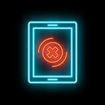 Neon smartphone showing loading error symbol on black background Stock Illustration