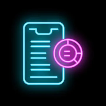 Neon smartphone showing mobile analytics report with pie chart icon Illustrazione stock