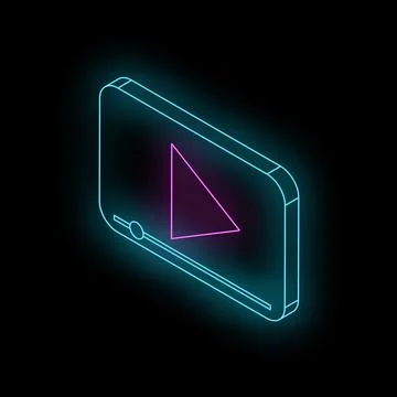 Neon smartphone showing play button on black background Stock Illustration