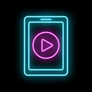 Neon smartphone showing play button icon on black background Stock Illustration