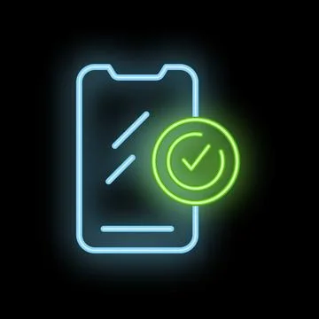 Neon smartphone showing validated transaction on black background Illustrazione stock