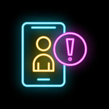 Neon smartphone showing warning notification icon on black background Stock Illustration