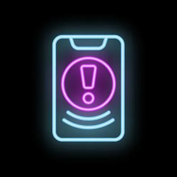 Neon smartphone showing warning notification icon vibrating on black backgrou Stock Illustration