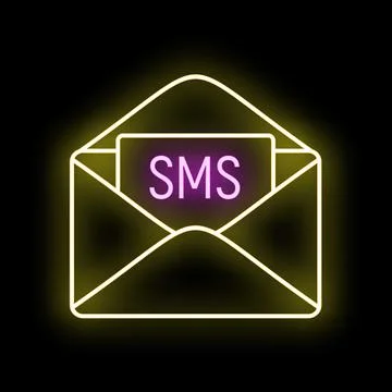 Neon sms message icon glowing on a dark background Stock Illustration