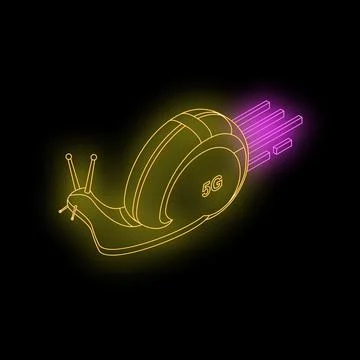 Neon snail with 5g shell leaving light trail representing slow internet speed 스톡 일러스트
