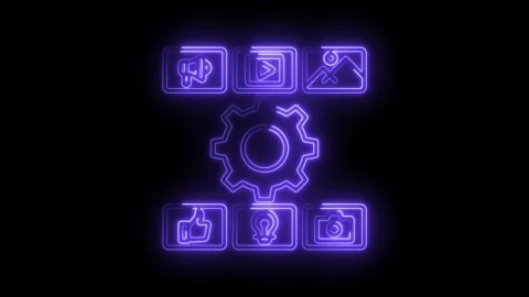 Neon social media elements interface on black background glowing icons for .. 스톡 동영상 312307321