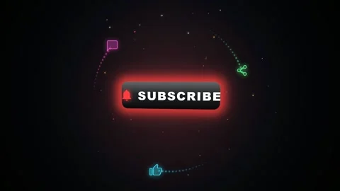 Neon Social Media Subscribe Button Animation with Floating Like and Share Icons Stock Footage 344774049