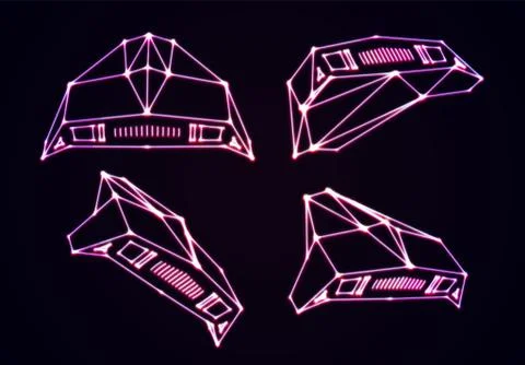 Neon space ships set of attacking invaders or defending fighters with 80s ret Stock Illustration