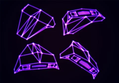 Neon space ships set of attacking invaders or defending fighters with 80s ret Stock Illustration