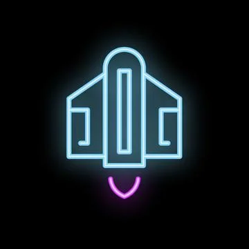 Neon spaceship taking off with rocket fire below on black background Stock Illustration
