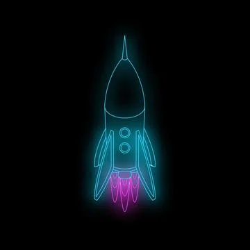 Neon spaceship taking off into space with flames behind it Stock Illustration