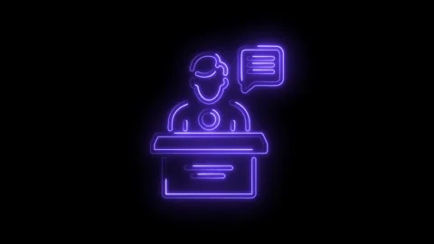 Neon speaker animated icon delivering speech with speech bubble on black ba.. Stock Footage 345985727
