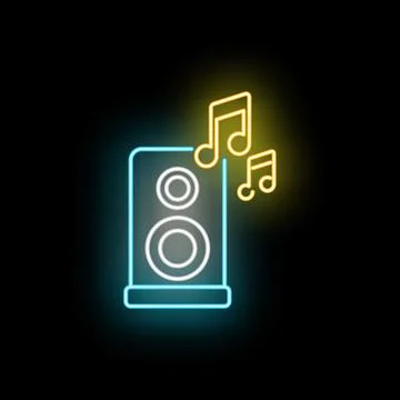 Neon speaker emitting musical notes for audio playing Stockillustratie