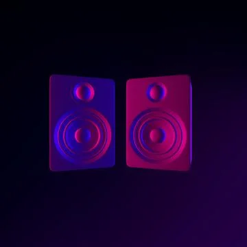 Neon speakers icon. 3d rendering ui ux interface element. Dark glowing symbol Stock Illustration