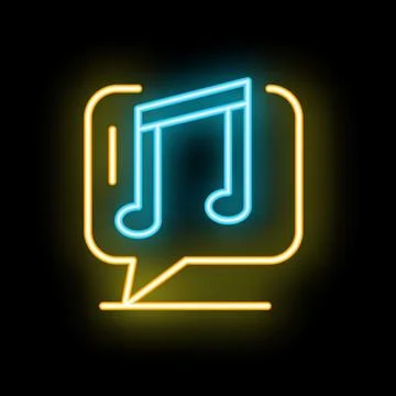 Neon speech bubble containing musical notes on black background Stock Illustration