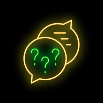 Neon speech bubble with question marks on dark background Stock Illustration