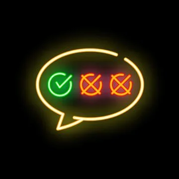 Neon speech bubble showing checkmark and two cross marks symbol Illustrazione stock