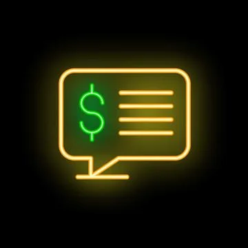 Neon speech bubble showing dollar sign with text lines on dark background Stock Illustration