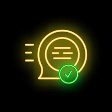 Neon speech bubble showing fast response time with check mark symbol Illustrazione stock