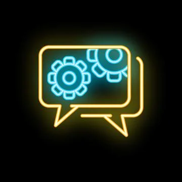 Neon speech bubble showing interlocking gears on black background Stock Illustration
