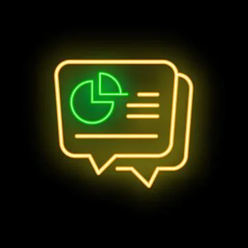 Neon speech bubble showing pie chart with data analysis on black brick wall.. イラスト素材