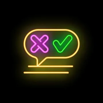 Neon speech bubble showing right and wrong symbol Illustrazione stock
