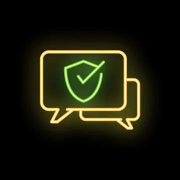 Neon speech bubble showing security check mark symbol on black background Stock Illustration