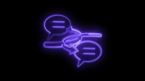 Neon speech bubbles with arrow indicating conversation or feedback loop on .. Stockbeeldmateriaal 312331447