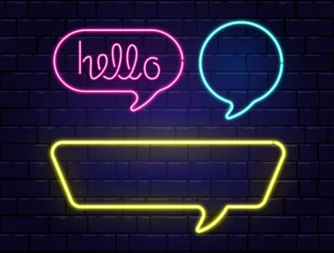 Neon speech bubbles set with space for text. Hello neon lettering. Realistic  Stock Illustration