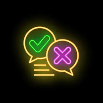 Neon speech bubbles showing checkmark and cross sign representing decision .. Stock Illustration