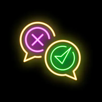 Neon speech bubbles showing right and wrong choices on black background Stock Illustration
