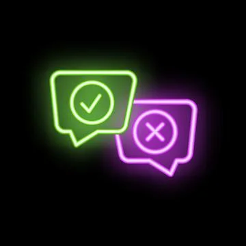 Neon speech bubbles showing tick and cross signs on dark background Stockillustratie