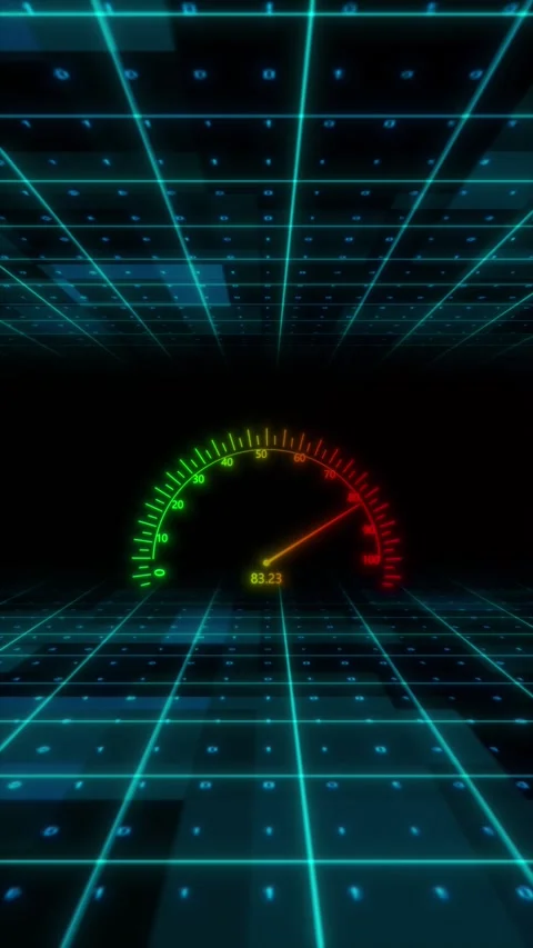 Neon speed gauge grid glowing perspective floor, ceiling lines, colorful meter s Stock Footage 340569295
