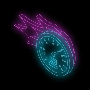 Neon speedometer with flames showing high speed and performance Stock Illustration